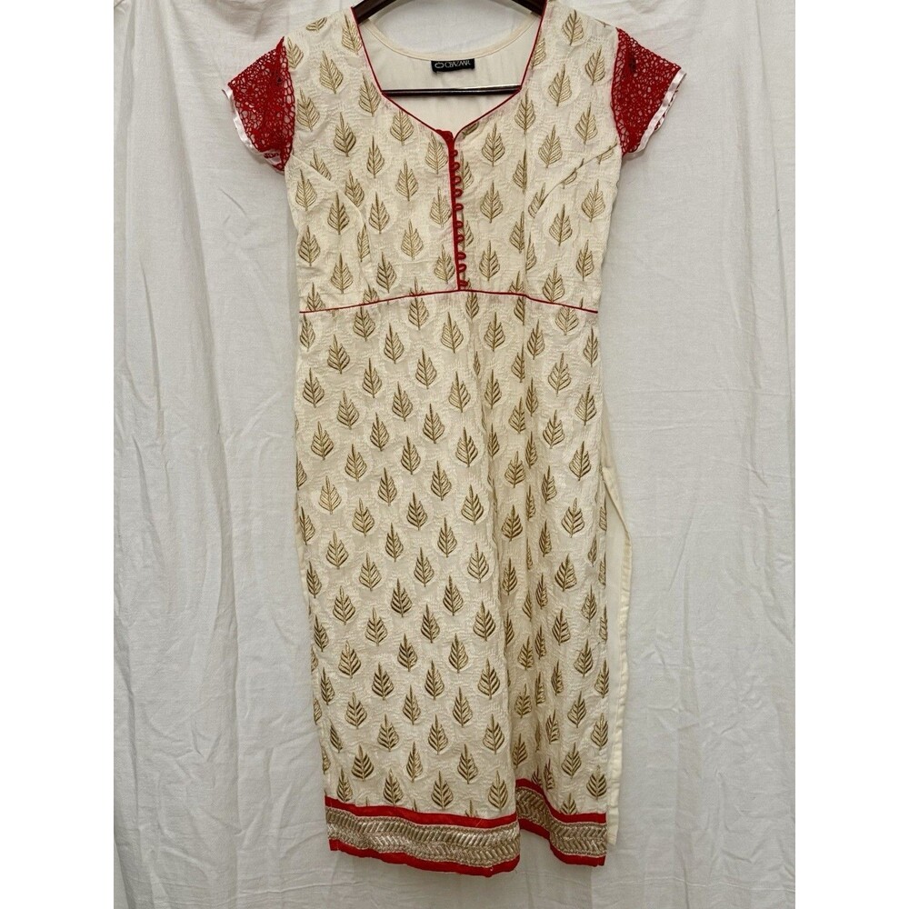 EUC Indian Kurti Tunic Gold & Red Embroidered Ethnic Wedding Guest Festive Top